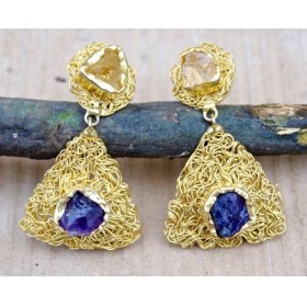 Meshed Gold Raw Agate Dangler Earrings